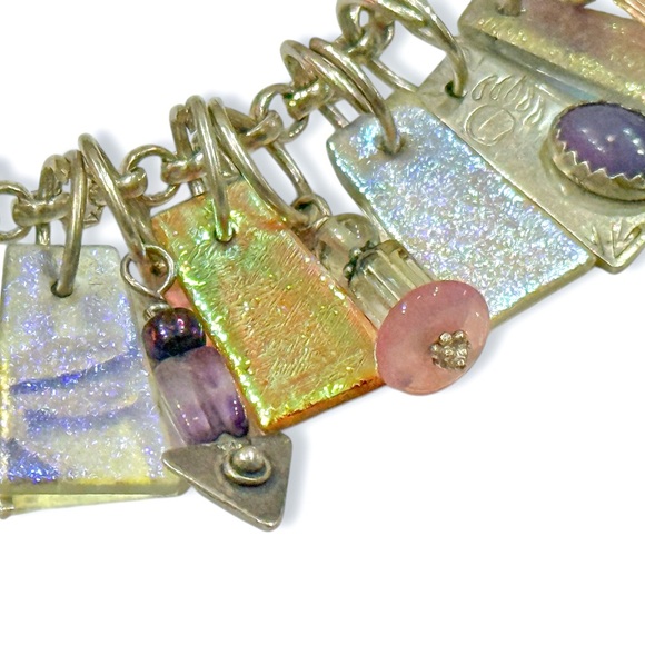 Harold Lujan Dichroic Rainbow Glass Charm Bracelet and Earrings Set - Picture 12 of 17